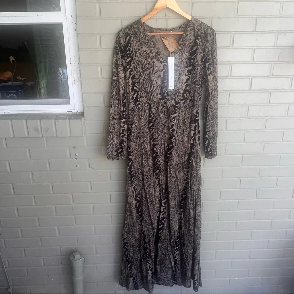 NWT Anthropologie Bel Kazan $148 Snakeskin Odessa Midi Dress Front Slit L Brown Size L - Image 3