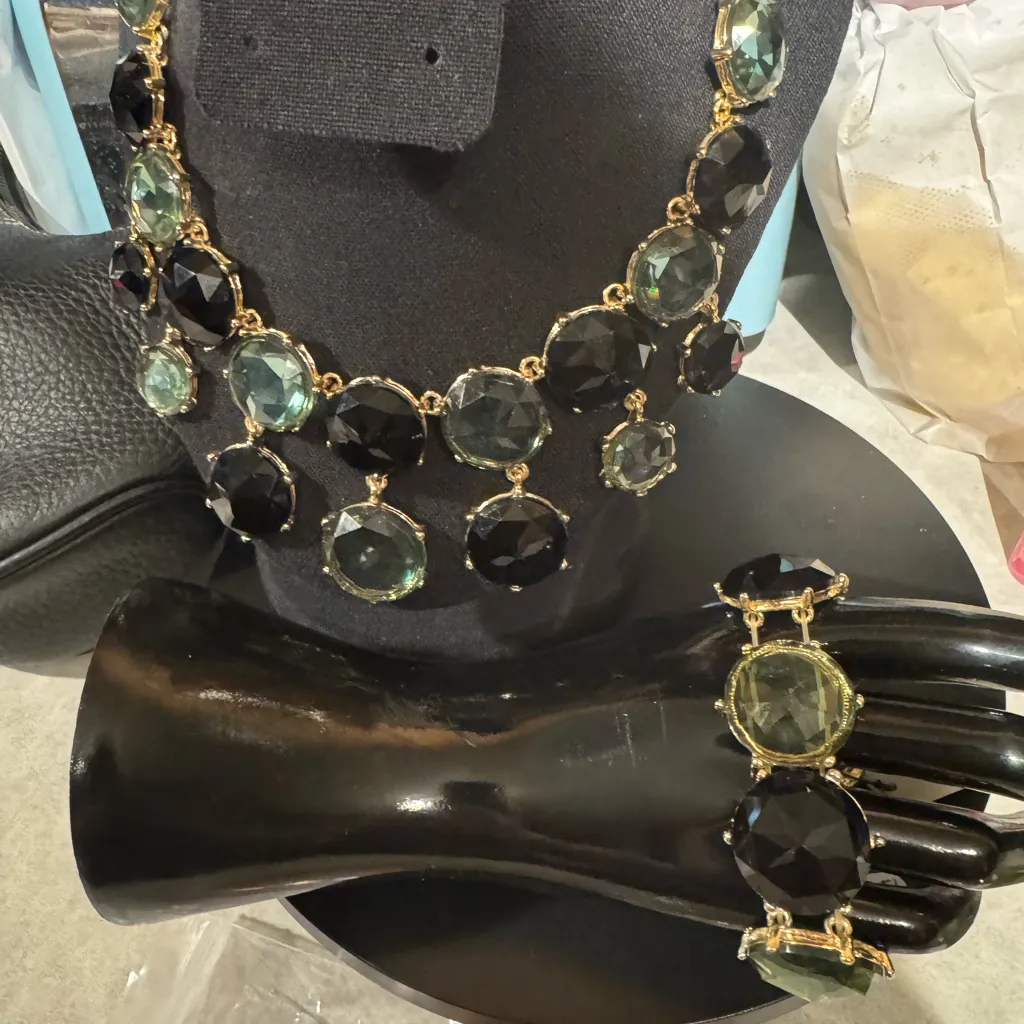 Chico's Green and Gold Statement Bracelet with Linked Gemstones - Image 5