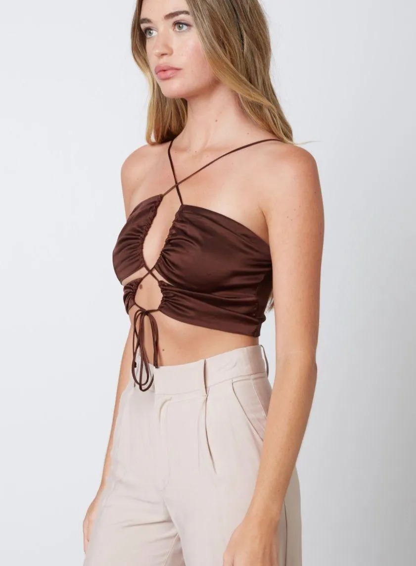 Satin Strappy Tie Top - Brown - Image 3