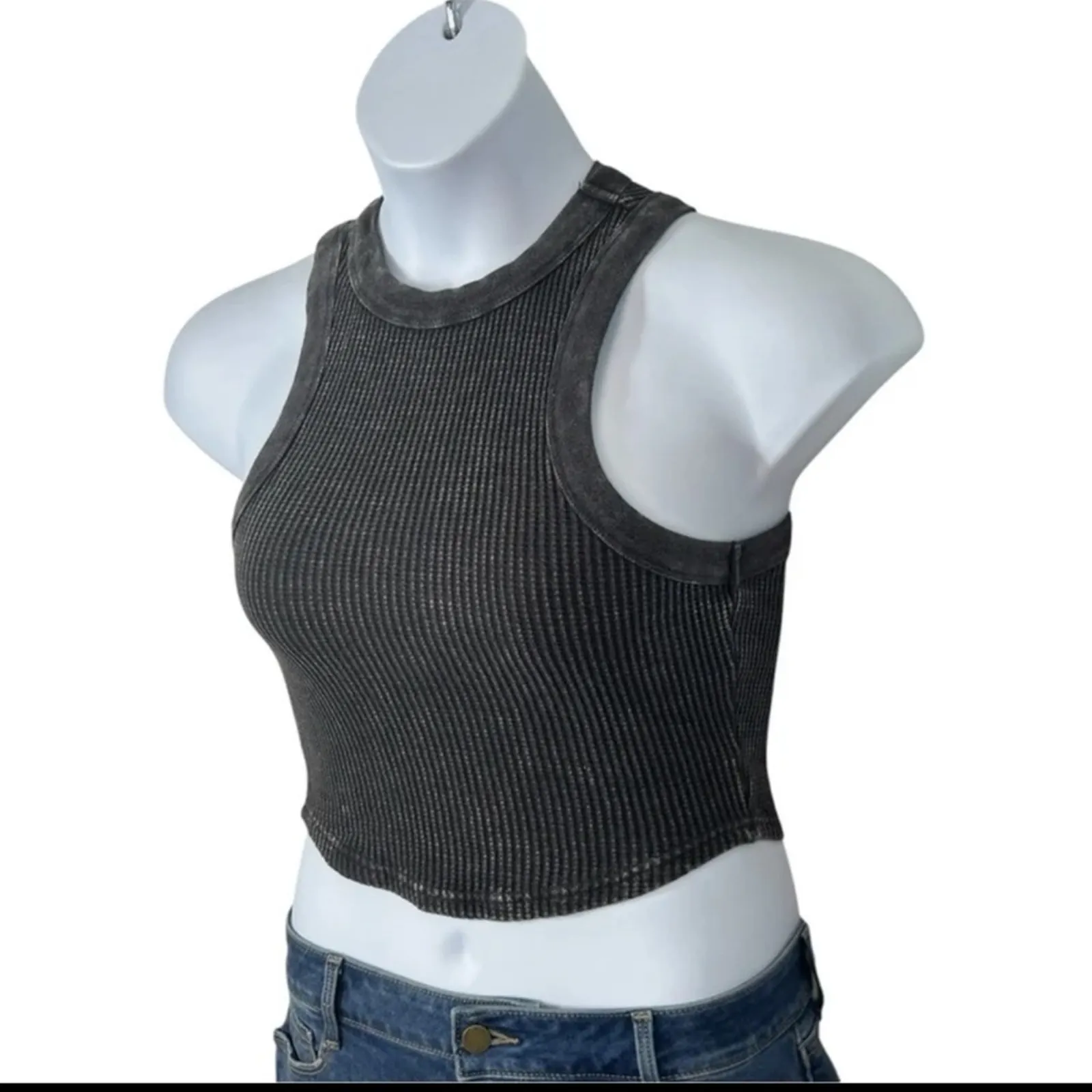 Forever 21 Ribbed Cropped Waffle Knit Muscle Tank Grey Black Size Small - Image 7