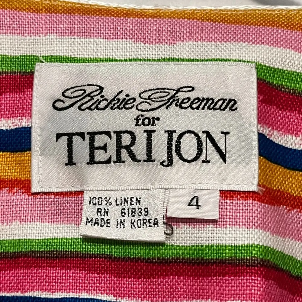 Rickie Freeman for Teri Jon VTG 100% linen blazer blouse size 4 rainbow summer Pink - Image 7