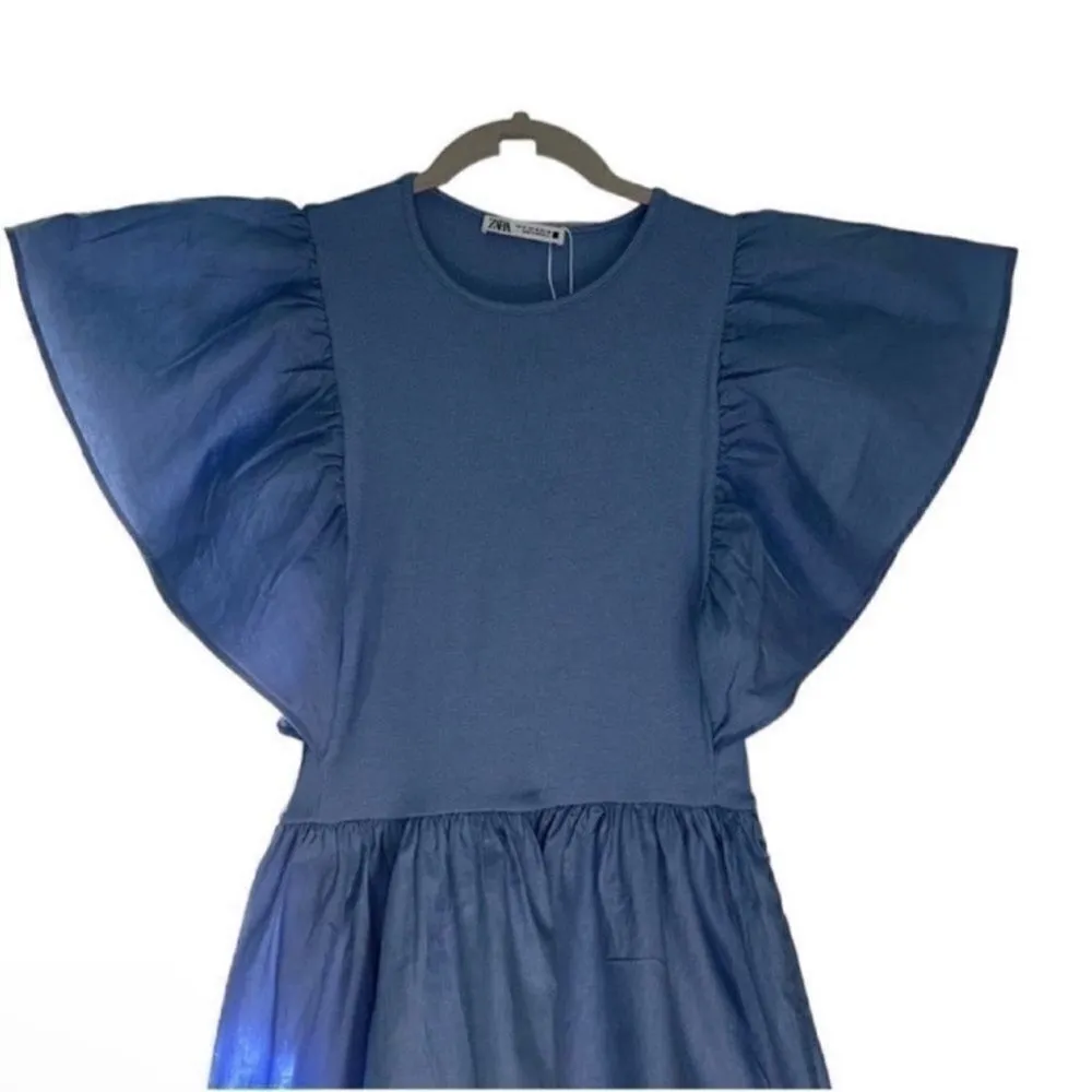 Zara Ruffle Sleeve Blue Midi Dress(Size Medium) - Image 6
