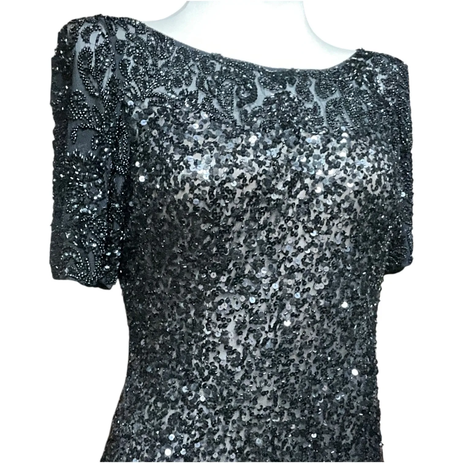 Scala Silk Beaded Sequined Cocktail Dress Vintage 90s Black 12 - Image 5