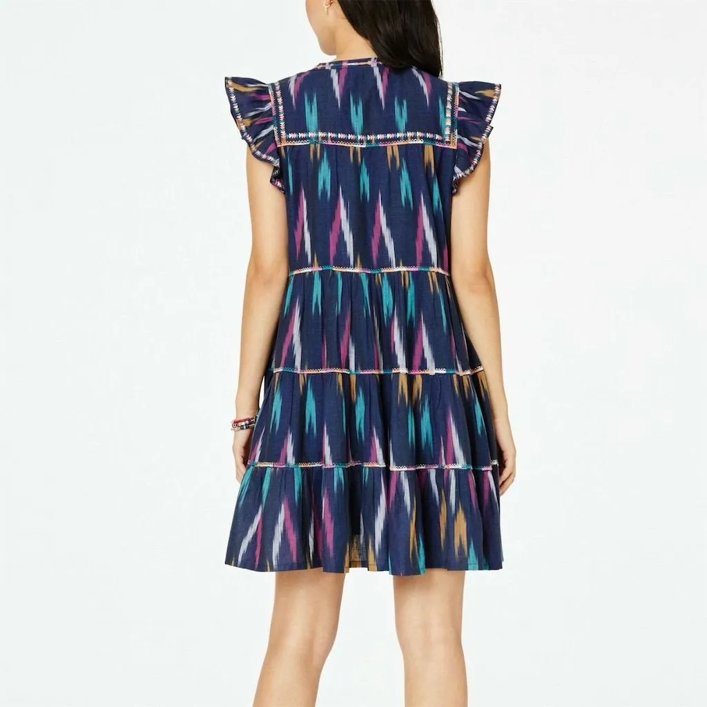 Roller Rabbit Women's S Pippa Ikat Print Bohemian Dress Multicolor Ruffle Sleeve - Image 2