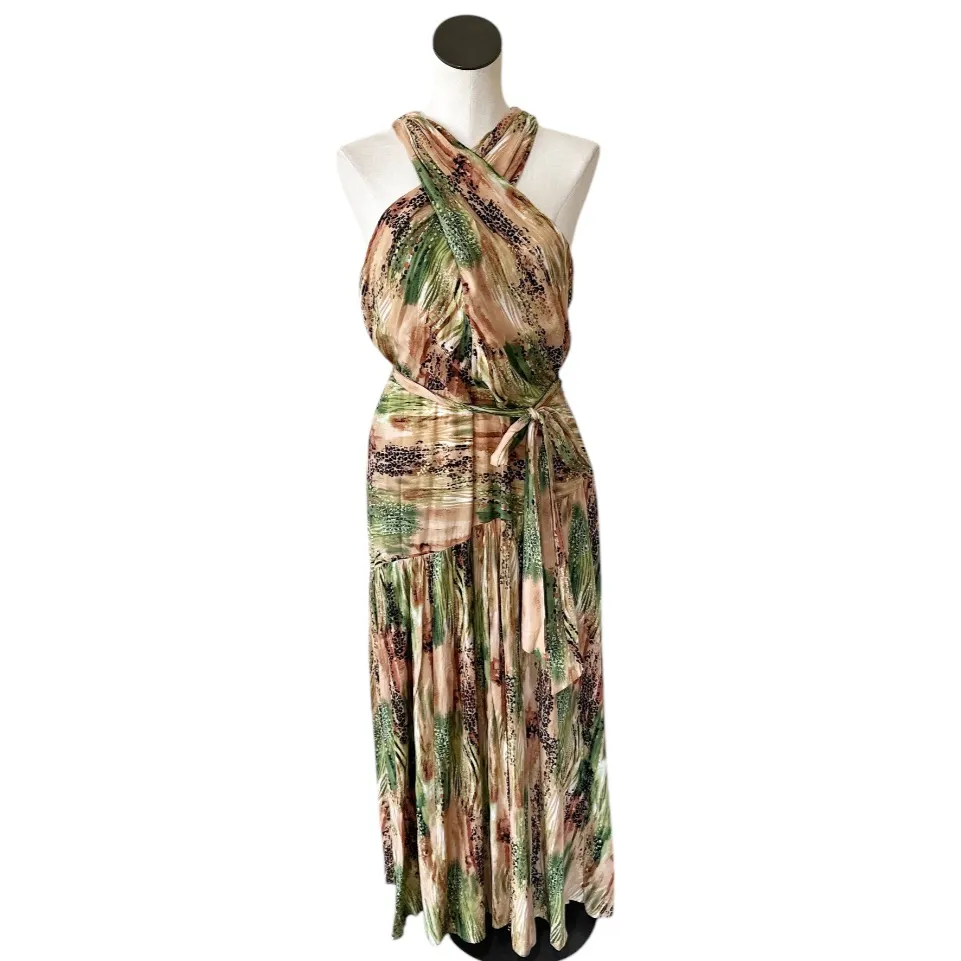 NWT Maison Tara Halter Neck Belted Animal Print Maxi Dress Olive Coca Green Size 14 - Image 5