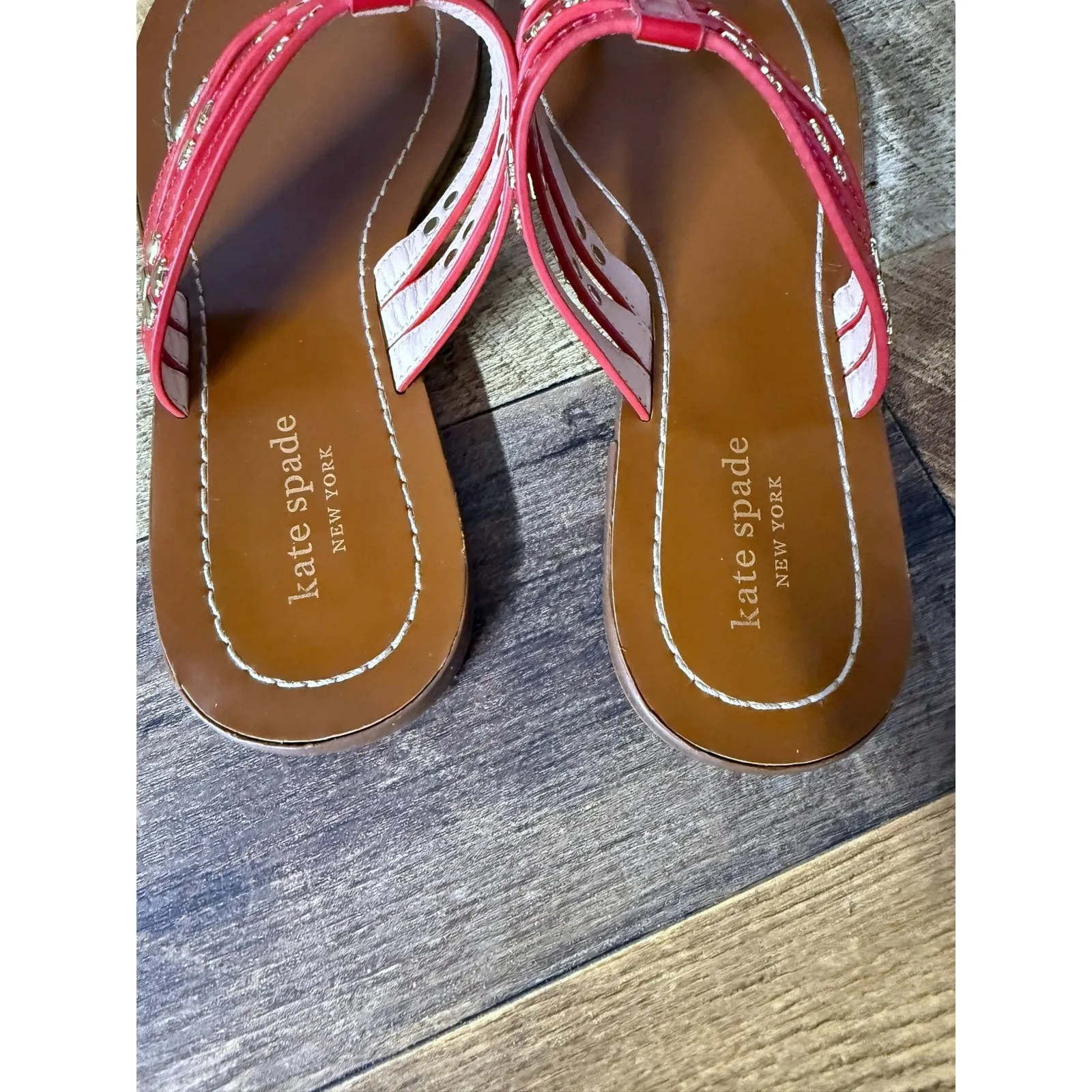 Kate Spade New York Size 7 M Carol Sandal Red Patent Leather Embellished Thong‎ - Image 4