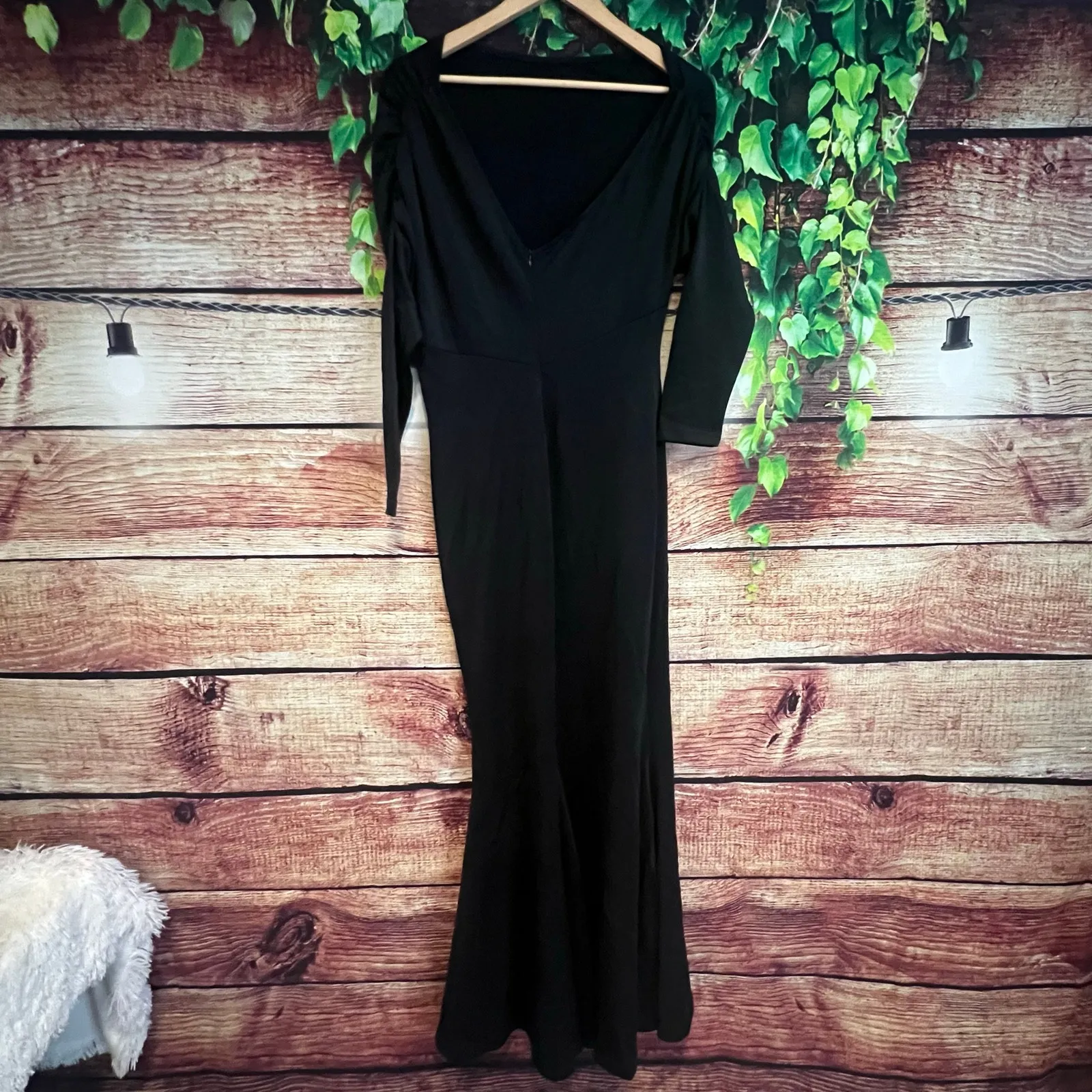 Black Maxi Dress Gown Medium TALL Ruched Sleeves Pleated Flared Skirt Long - Image 3