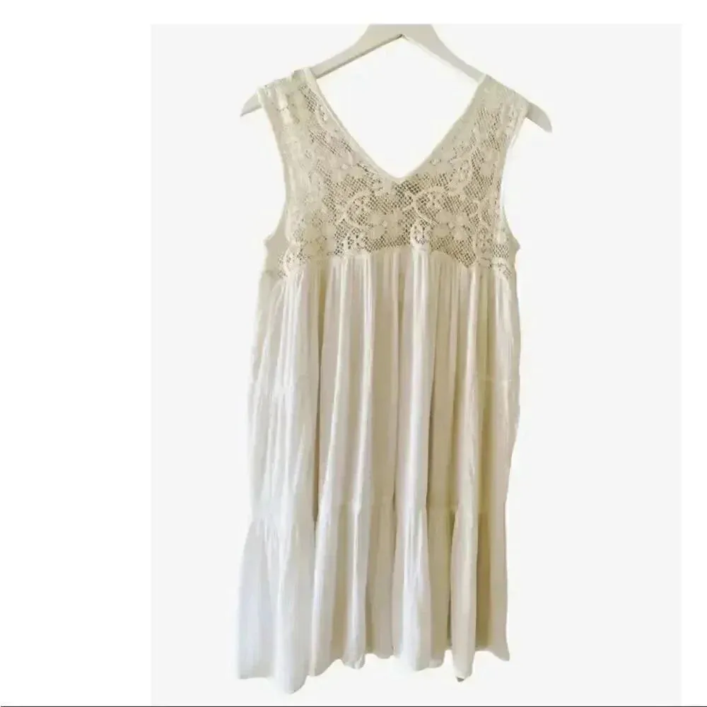 Raviya Sleeveless Lace Bridal Boho Embroidered Beachwear White Mini Dress SZ S - Image 2
