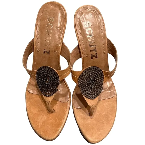 Schutz Natalie Brown Leather Medallion Sandals Heels - Image 2