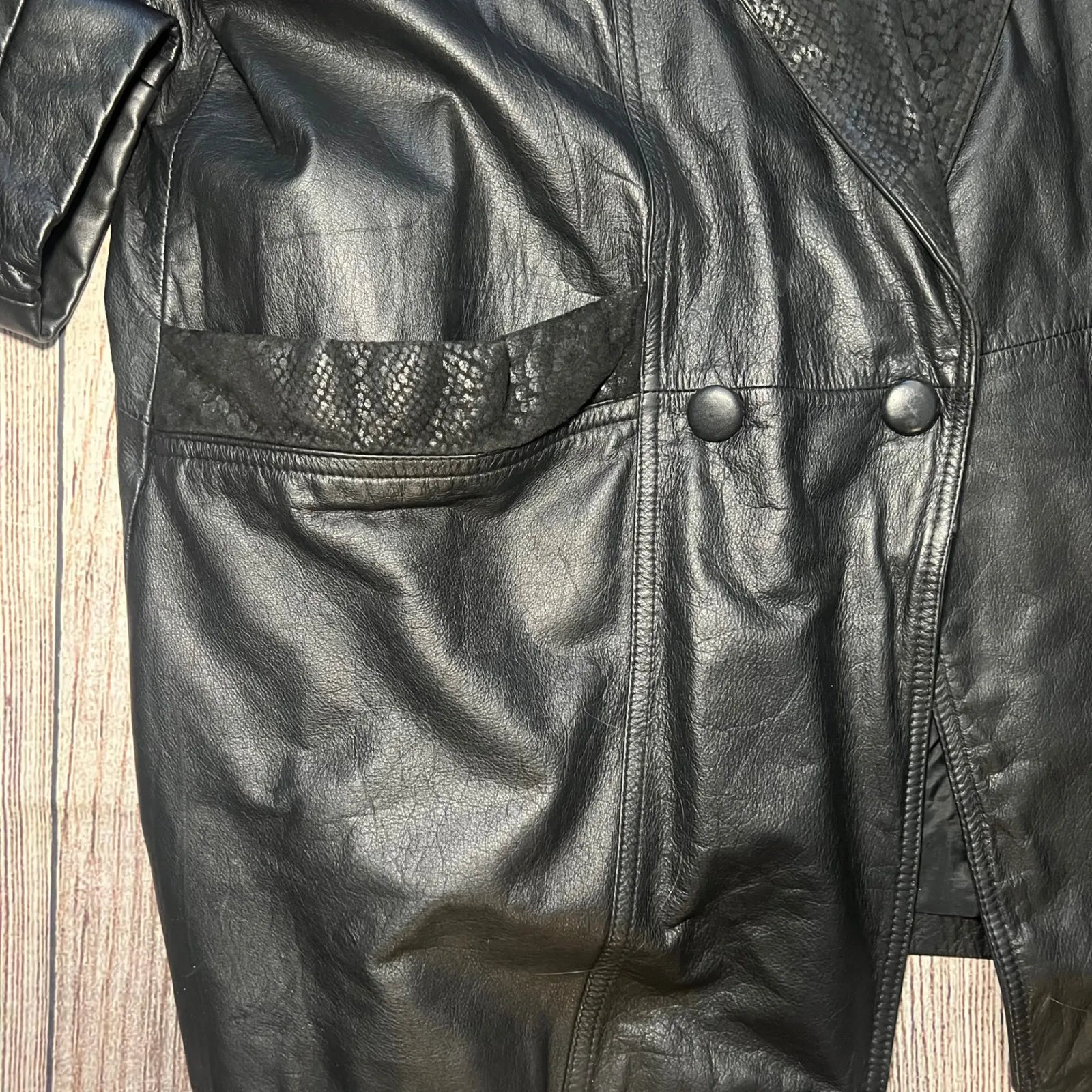 VTG PELLE New York Milano Black Leather Jacket Snakeskin Print Womens‎ Large 90s - Image 2