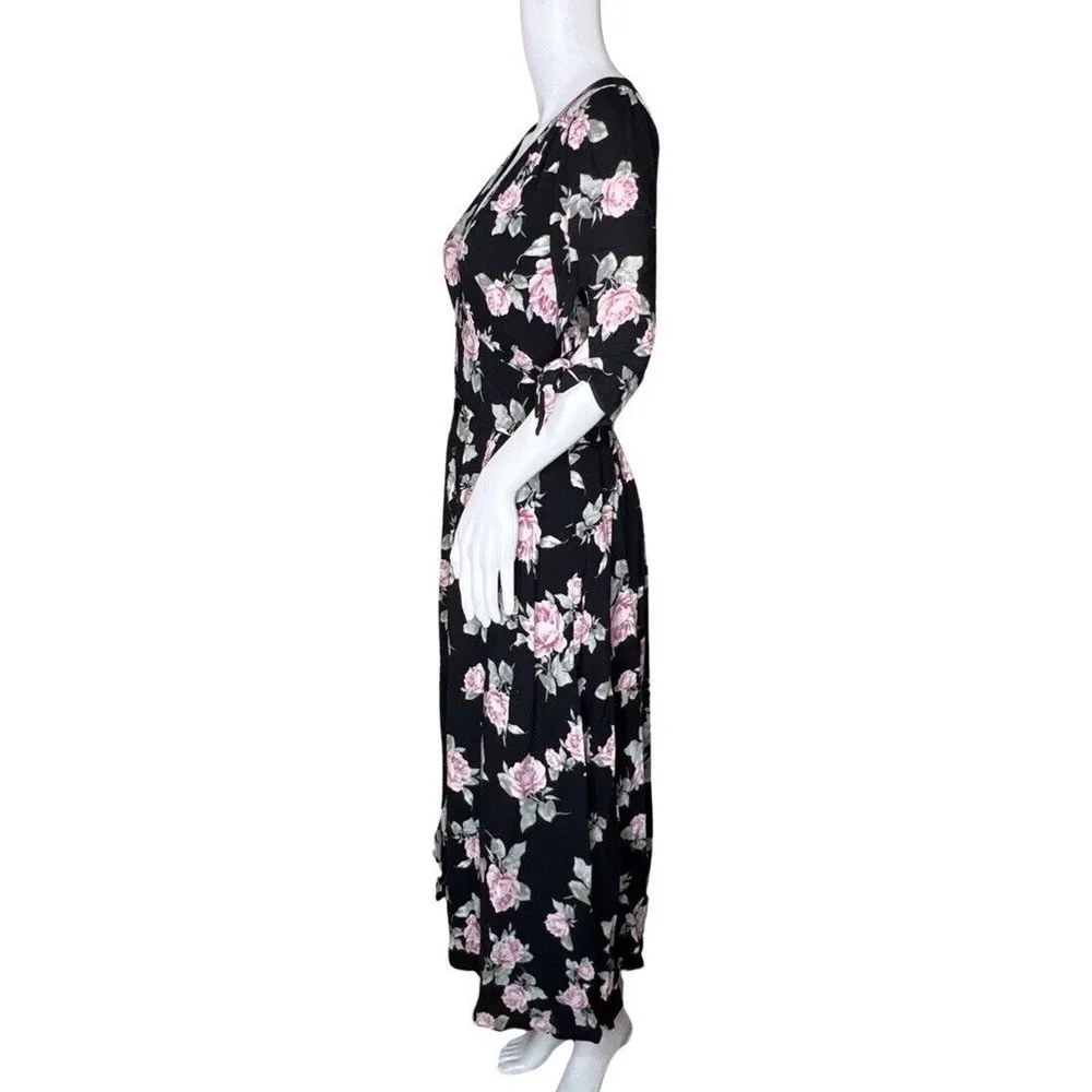 Free People Dress Womens Small Black Pink Floral Love of My Life Midi Dress Boho - Image 3