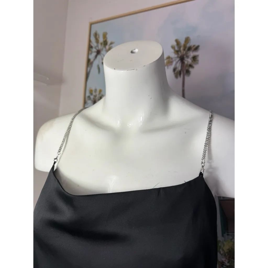 ASOS Black Satin Cami Tank Rhinestone Diamante Straps Blouse Size 14 XL - Image 4