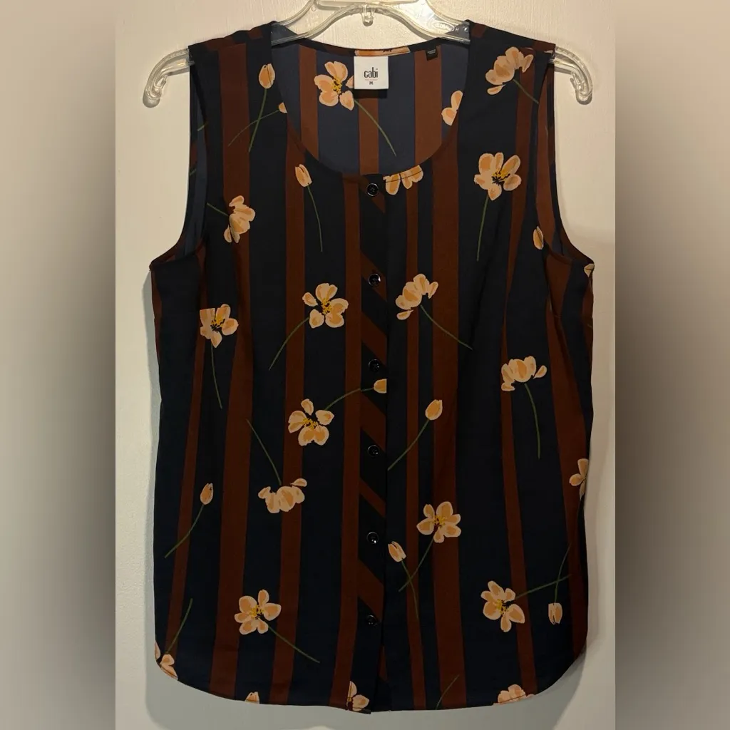 Cabi- BUNDLE! 2 Sleeveless Hi-Low Blouse Tops Floral Stripe + Gold Tie- Size M - Image 2