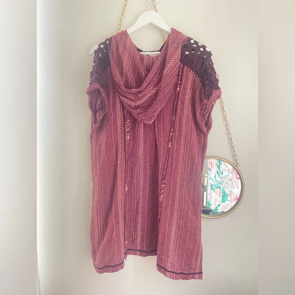 Free People Retro  Burgundy Dress Coverup Poncho Size Large - Image 2