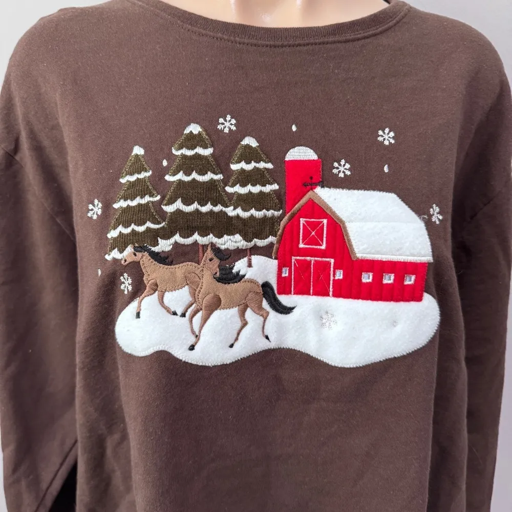 Pleasant Shade Winter Christmas Shirt Horse Barn Snow XL Brown - Image 2