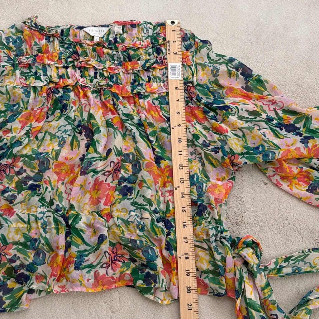 Ted Baker Kesara Floral Printed Ruffle Blouse Tie Waist Balloon Sleeves Size 6 - Image 13