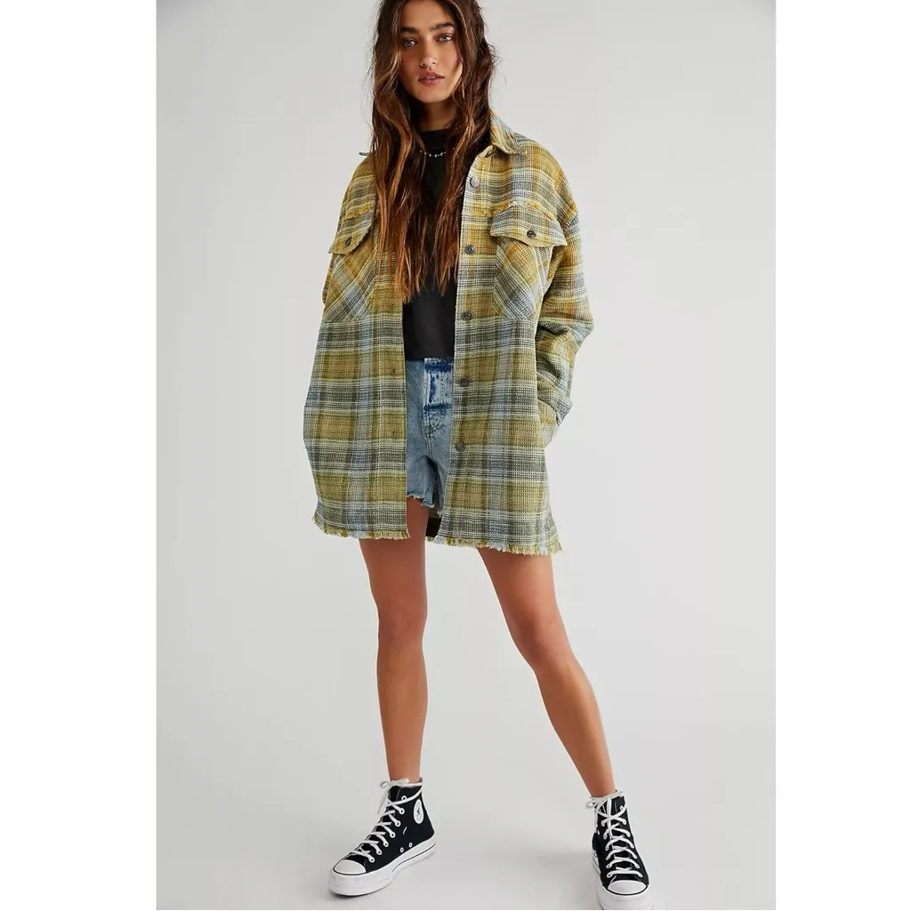Free People Grunge 90s Anneli Plaid Shirt Jacket Shacket Moss Garden Large - Image 11
