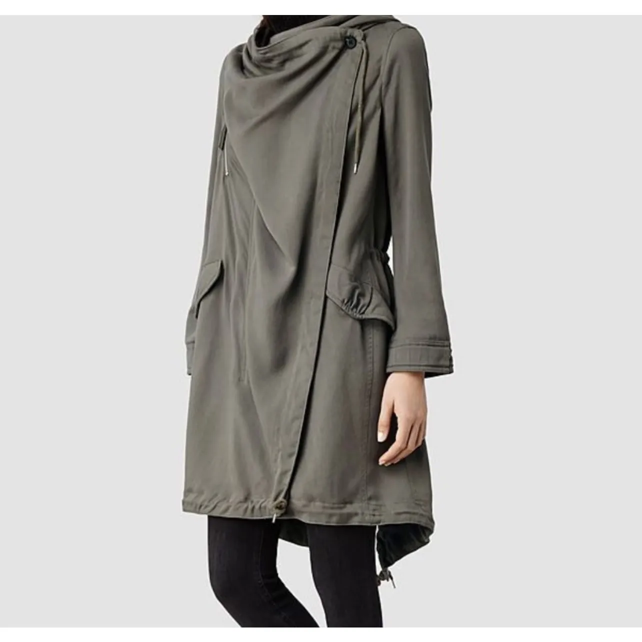 All Saints Portere Draped Hooded Parka in Army Green 4 - Image 4
