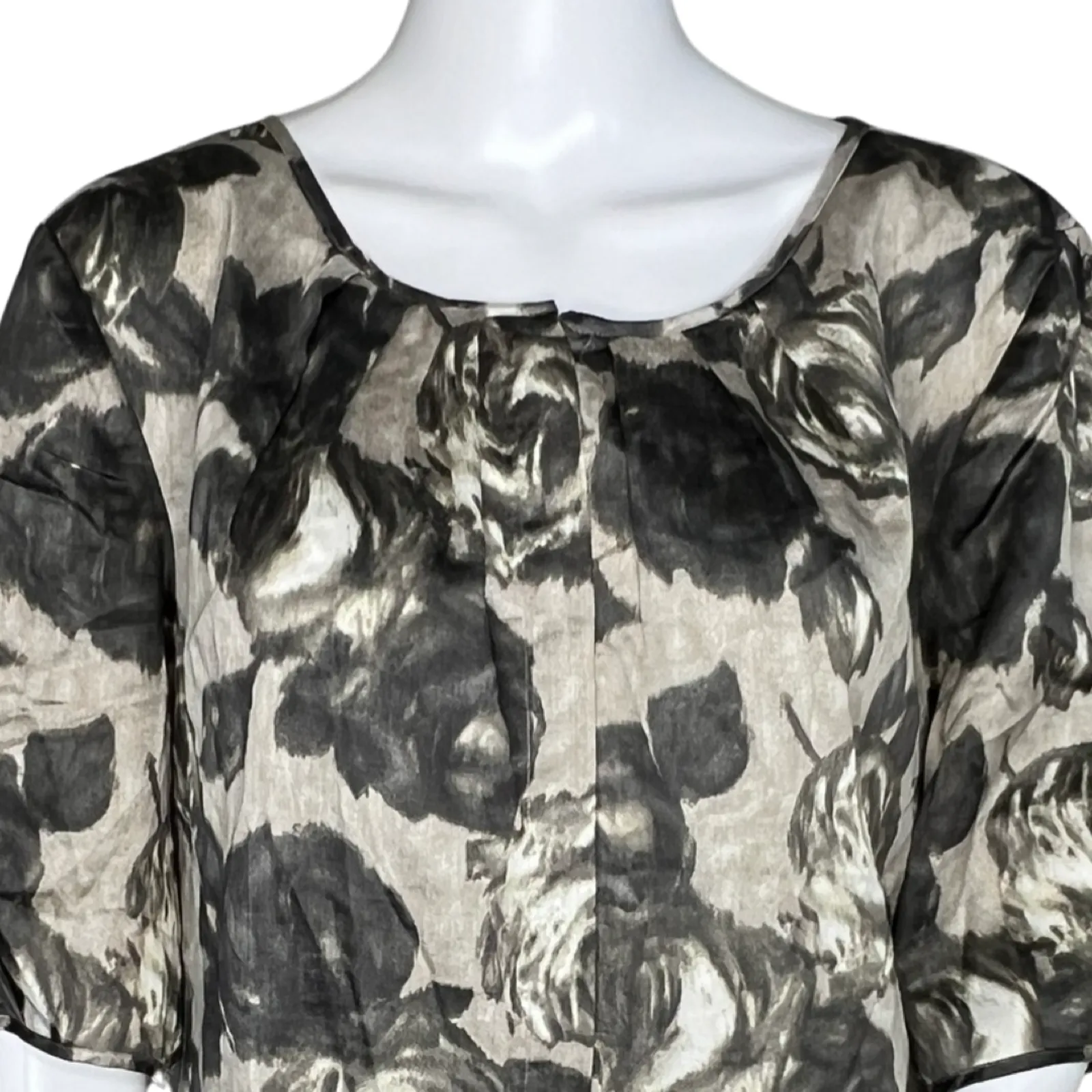 Talbots Shirt Womens 14 Black Gray Floral‎ Flowers Puff Sleeve Roses Romantic - Image 5