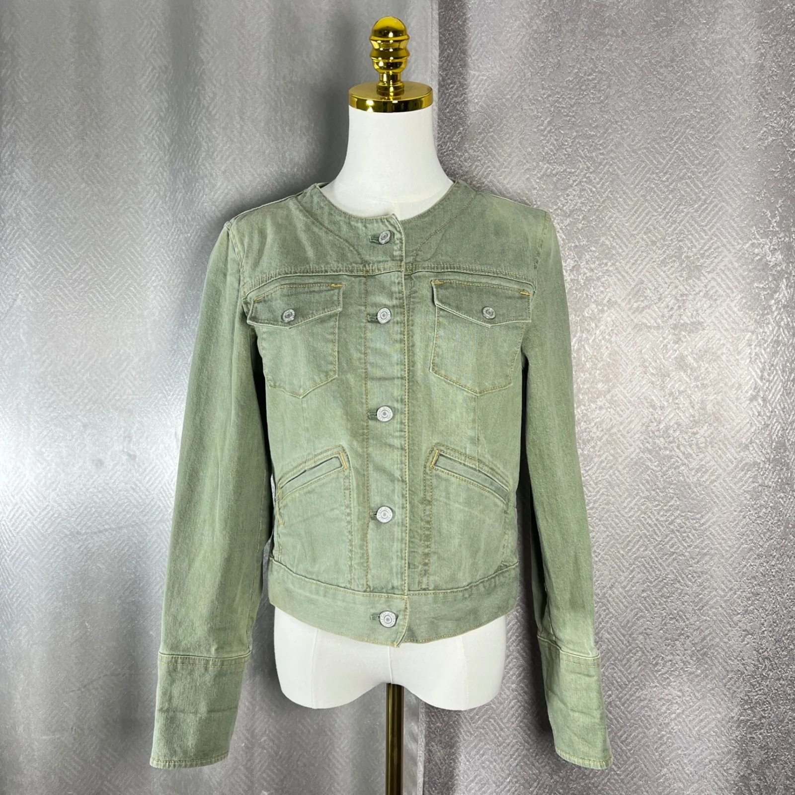 GAP Women's Green Denim Jacket Collarless Button Front Size M - Image 3