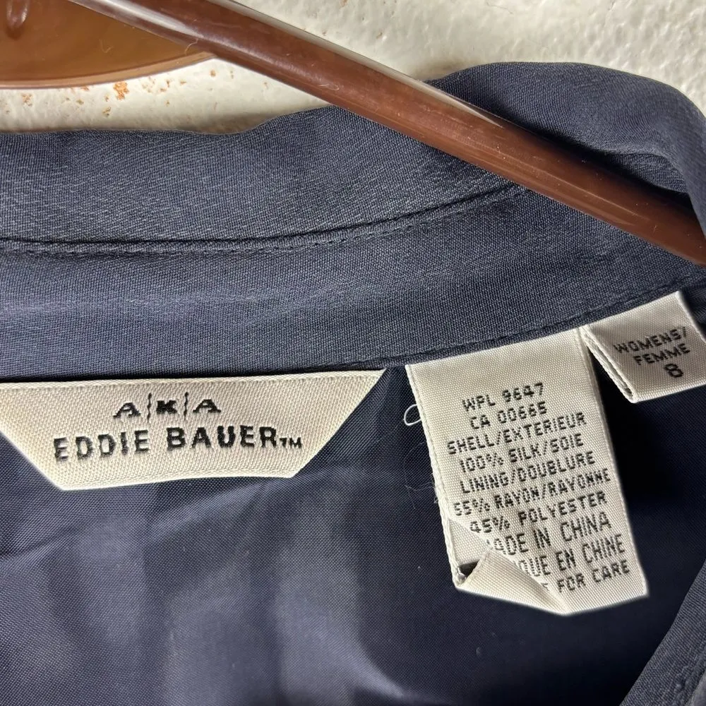 Vintage AKA Eddie Bauer 100% Silk 8 Navy Blue Long Sleeved Button Up Shirt Dress - Image 11