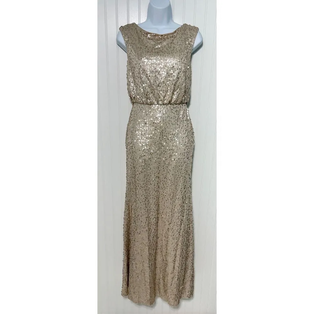 David’s Bridal Long Sequin‎ Sheath Blouson Maxi Dress Gown Cap Sleeves Gold XS - Image 17