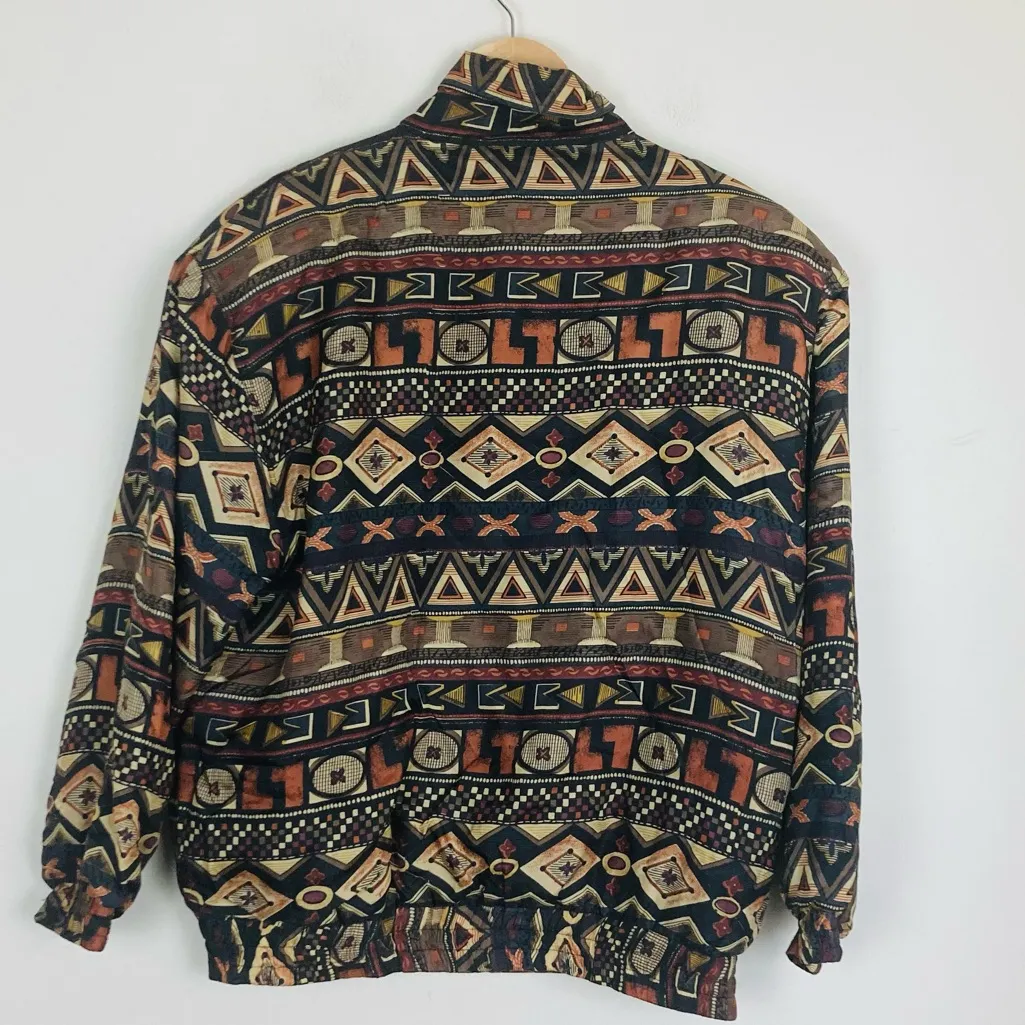 Vintage 90s black and brown pattern zip up bomber style jacket 100%silk. Small - Image 4