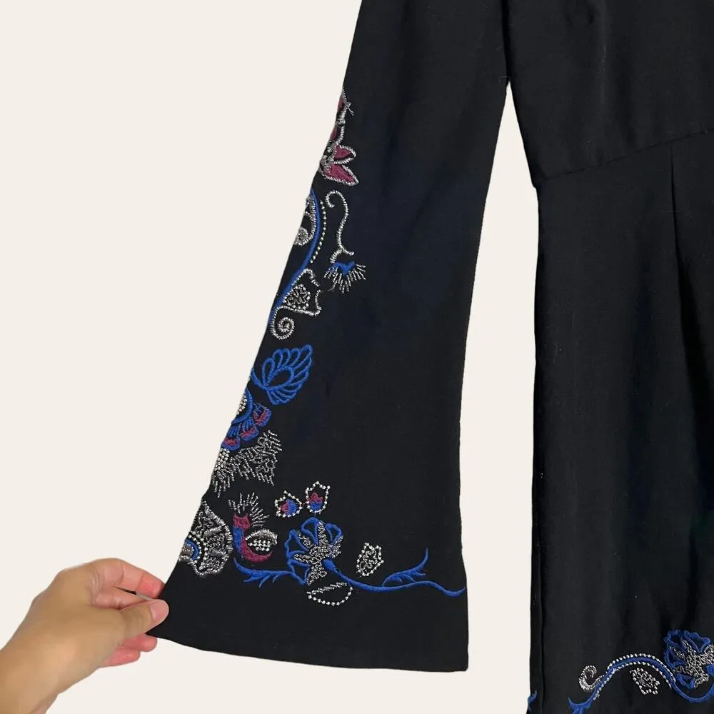 Free People Holiday Folk Black Floral Embroidered Bell Sleeve Mini Dress Size 0 - Image 6