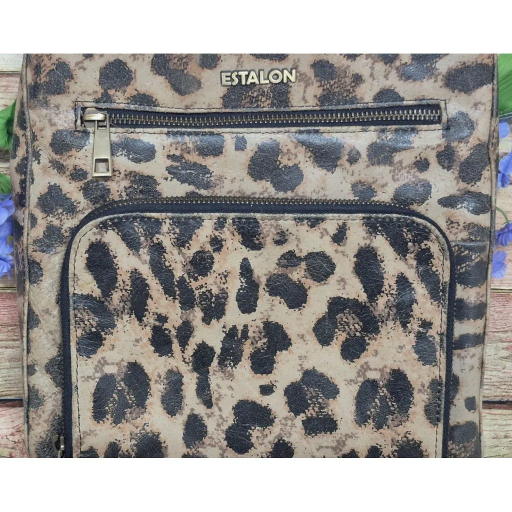 Estalon Leather Cheetah Leopard Print Crossbody Purse Adjustable Straps Zip Top Brown - Image 3
