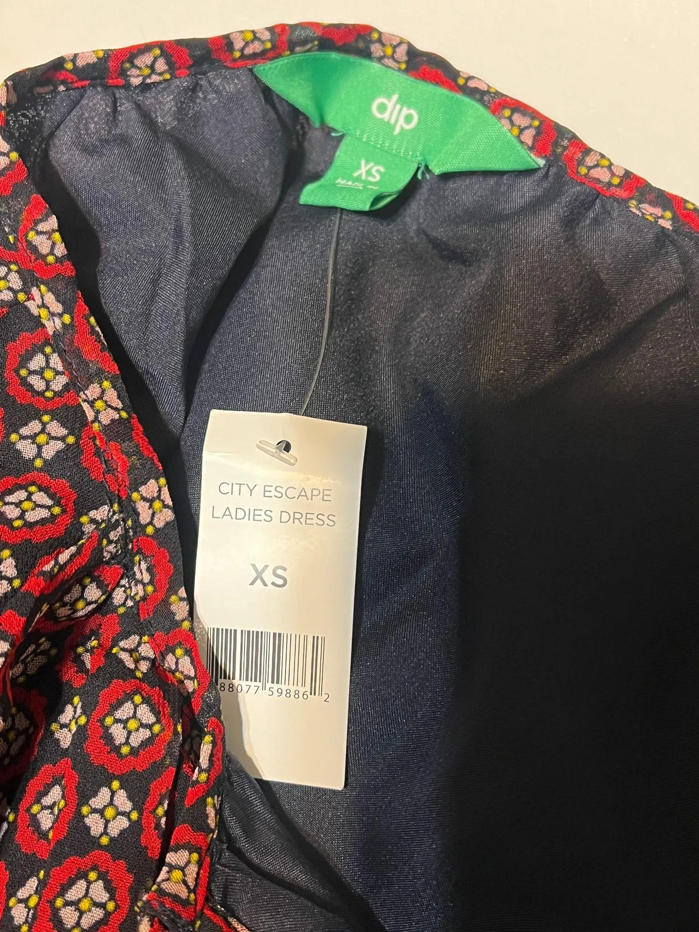 Dip Printed Flutter Sleeve Fit & Flare Dress Red Navy Fringe Tie Smock Waist XS Multiple - Image 8