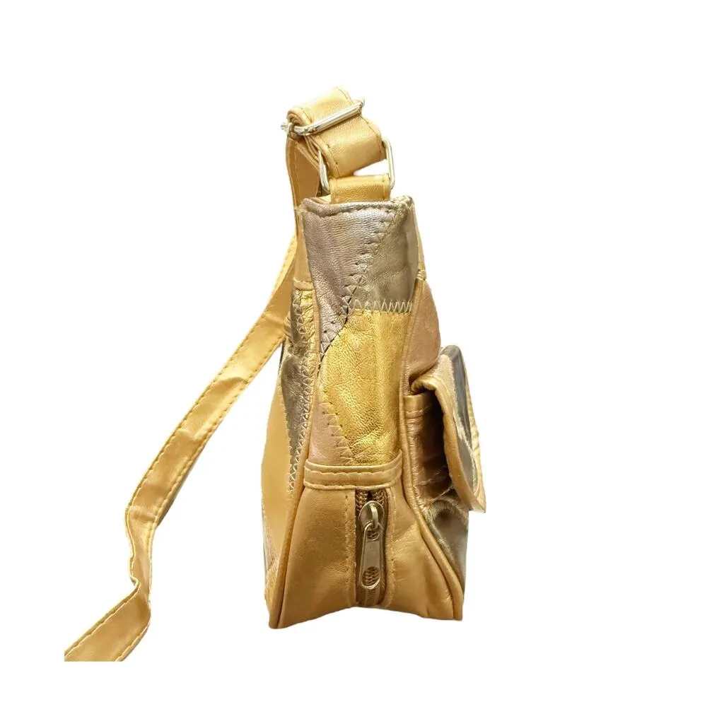 Lambskin Leather Shoulder Bag Patches Gold Bronze Metallic Crossbody Handbag EUC - Image 6