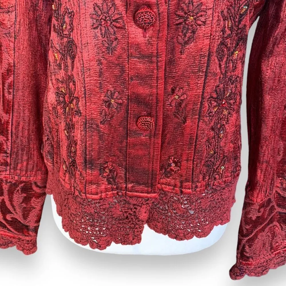 Vintage Flashback Jacket Metallic Cherry Red Floral Detail Lace Embroidery - Image 3
