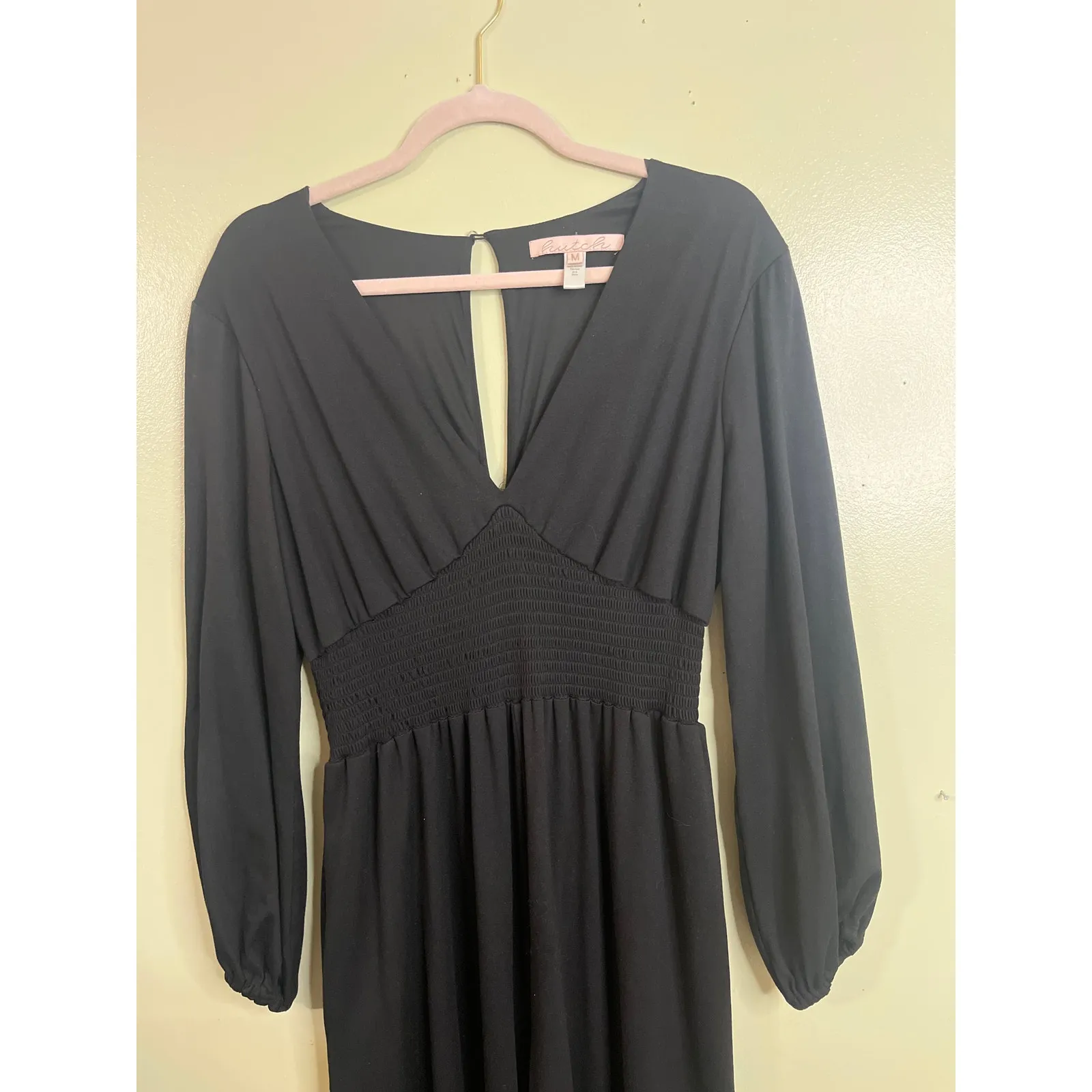 Anthropologie Hutch black jersey knit wide-leg V-neck smocked jumpsuit, size M - Image 6