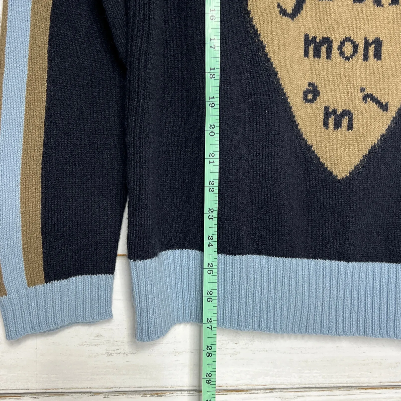 Easel Bon Jour Mon Ami Heart Sweater Small Navy Blue Knit Pullover - Image 6