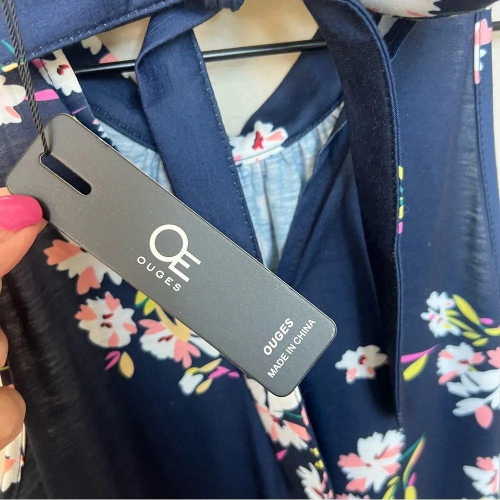 NEW Halter Neck Summer Sleeveless Casual Beach Dress Medium Navy Pink Floral Blue - Image 4