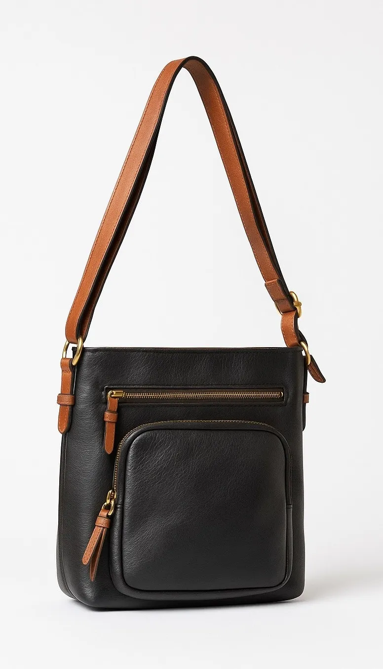 Soft Pebbled Leather Crossbody Bag Black & Brown Boho Shoulder Purse - Image 1