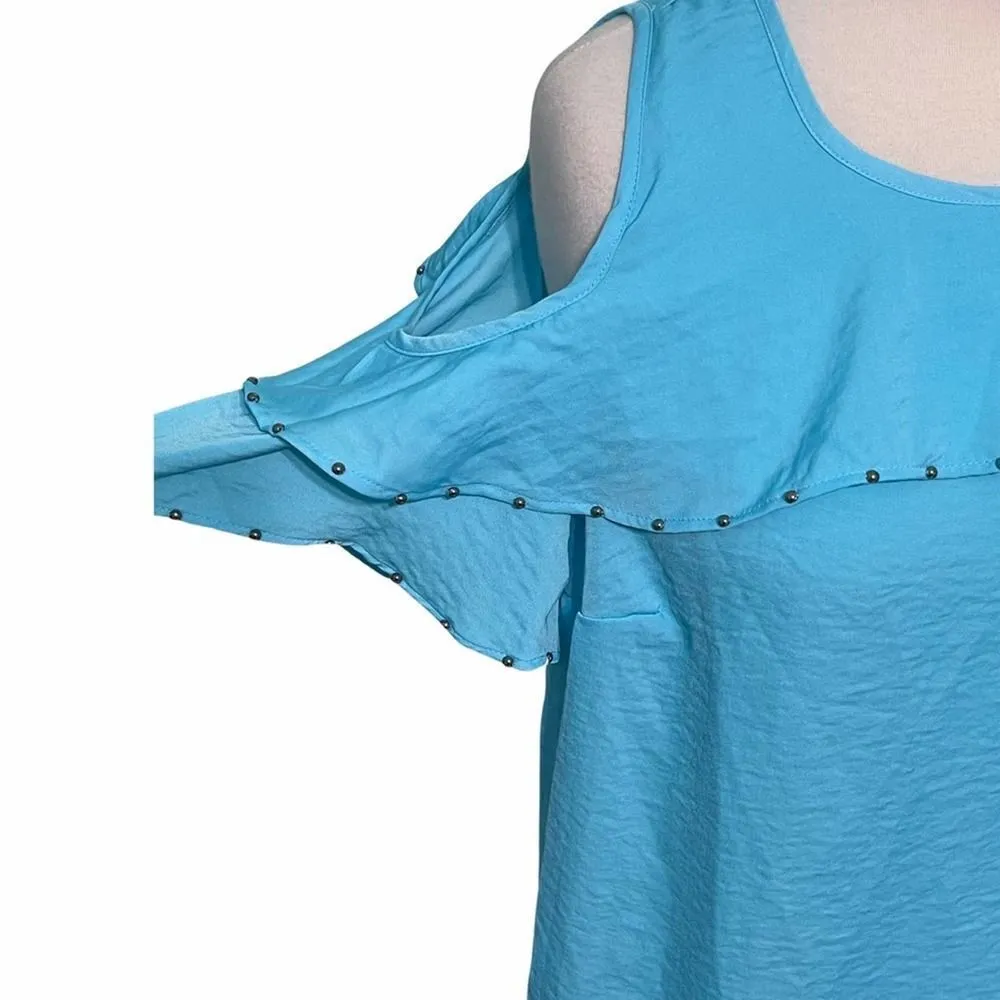 JM Collection Cold Shoulder Studded Top Short Sleeves Ruffles Bright Blue Small - Image 6