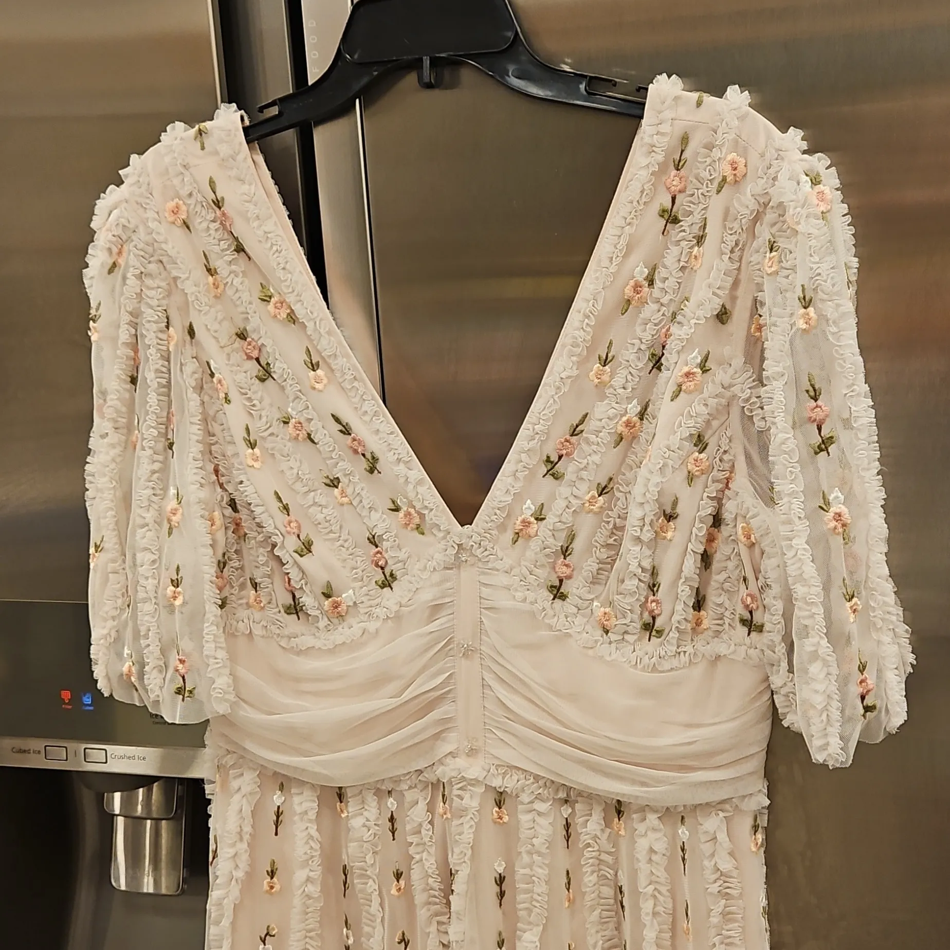 💕MAC DUGGAL💕 Pink Floral V-Neck Ruffle Detail Empire Waist Gown 8028 Blush 12 - Image 13