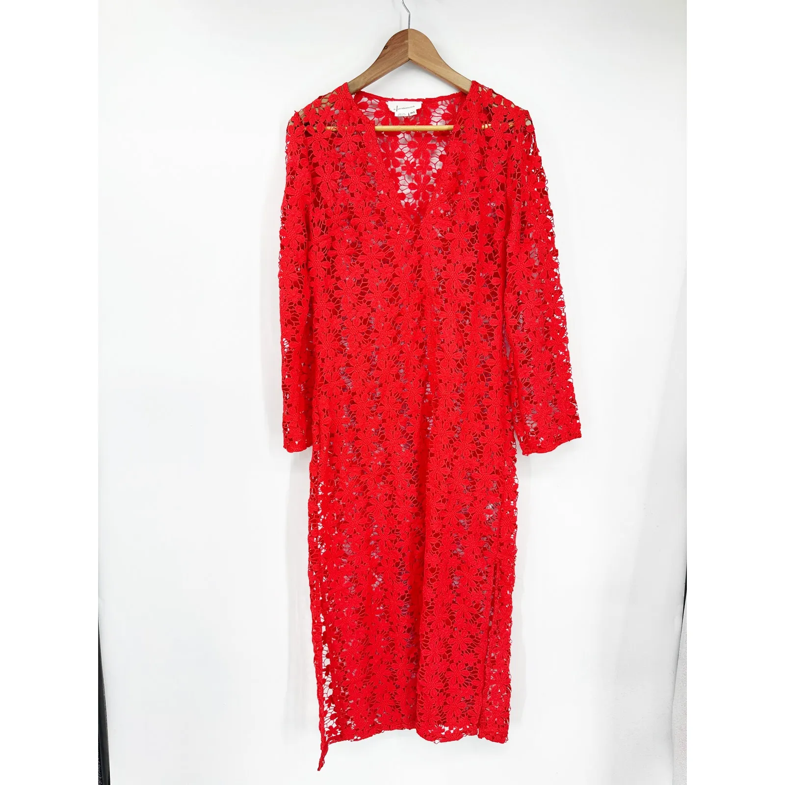 Anthropologie 3D Floral Red Kaftan V-Neck Sheer Lace Midi Dress Size XS/S - Image 2