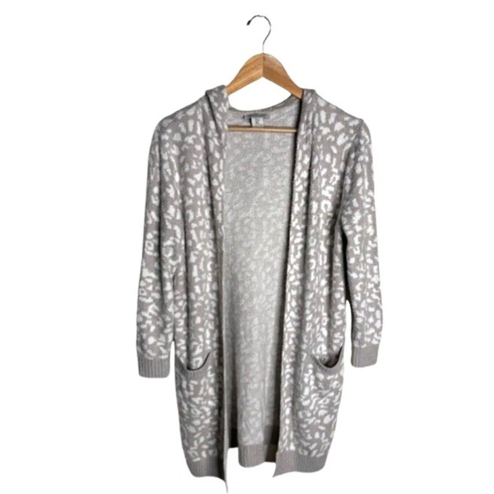 Rachel Zoe Hooded Cardigan Size Small Gray Leopard Print Pockets Oversized Cozy - Image 9