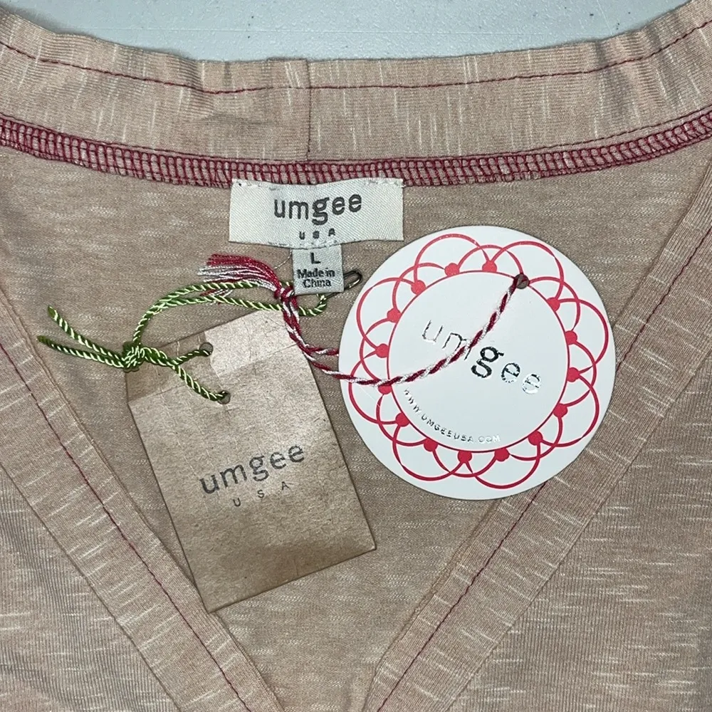 Umgee  NWT Size L Tan - Patchwork Sleeve Oversized Peasant Knit Top Shirt - Image 4