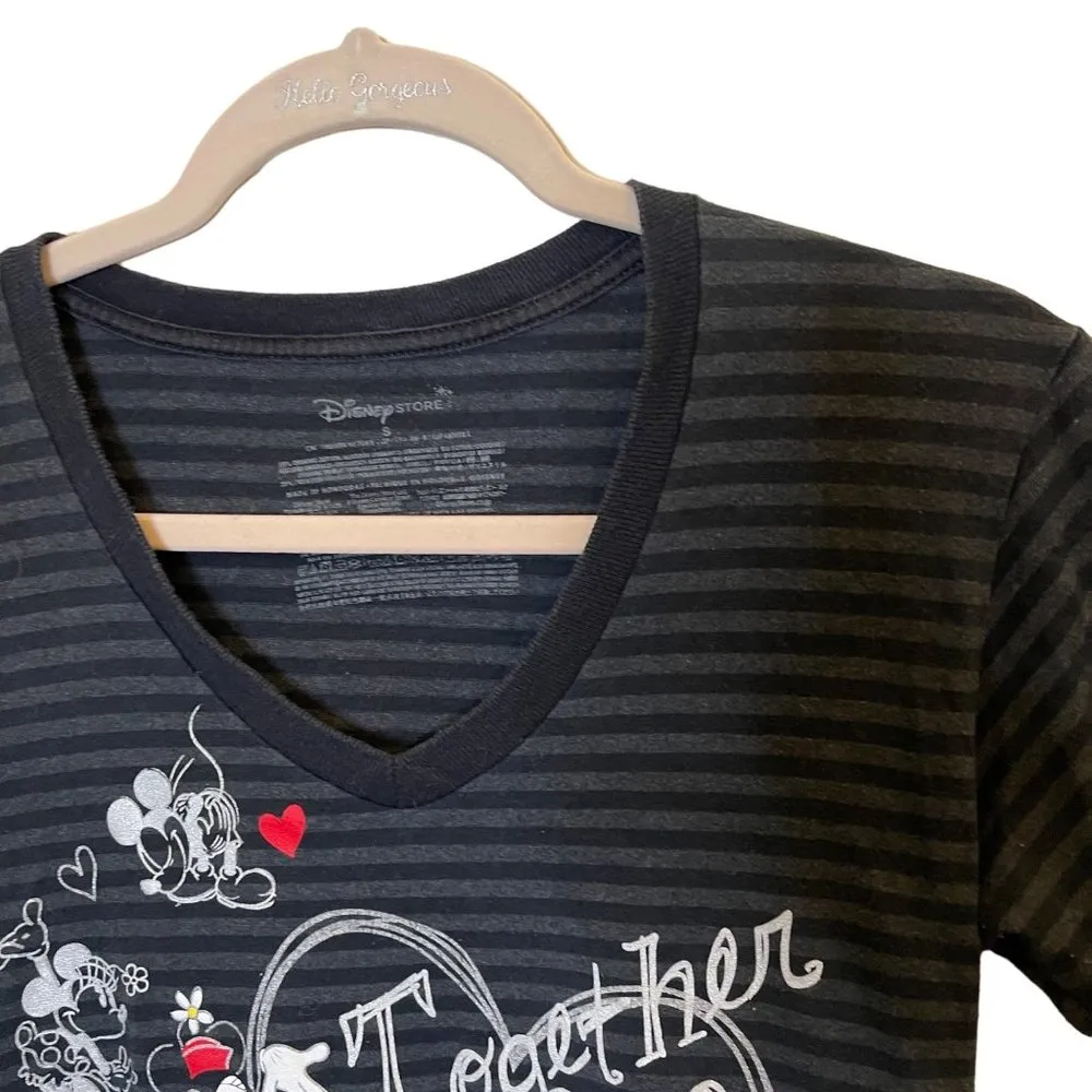 Disney Graphic Tee Heart Minnie & Mickey Together Since 1928 T-Shirt S Striped V - Image 6