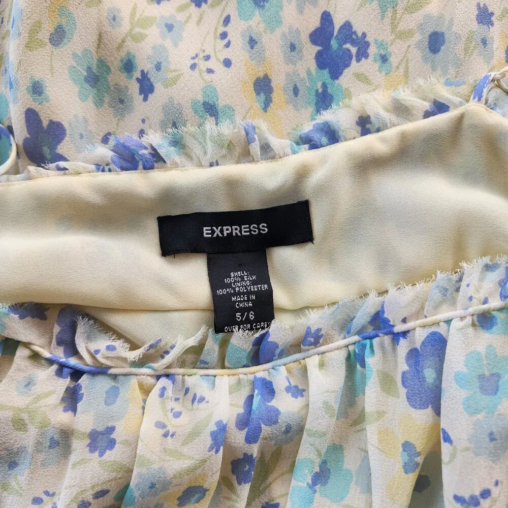 Vintage Express Pastel Blue Yellow Silk Midi Dress XS - Image 7