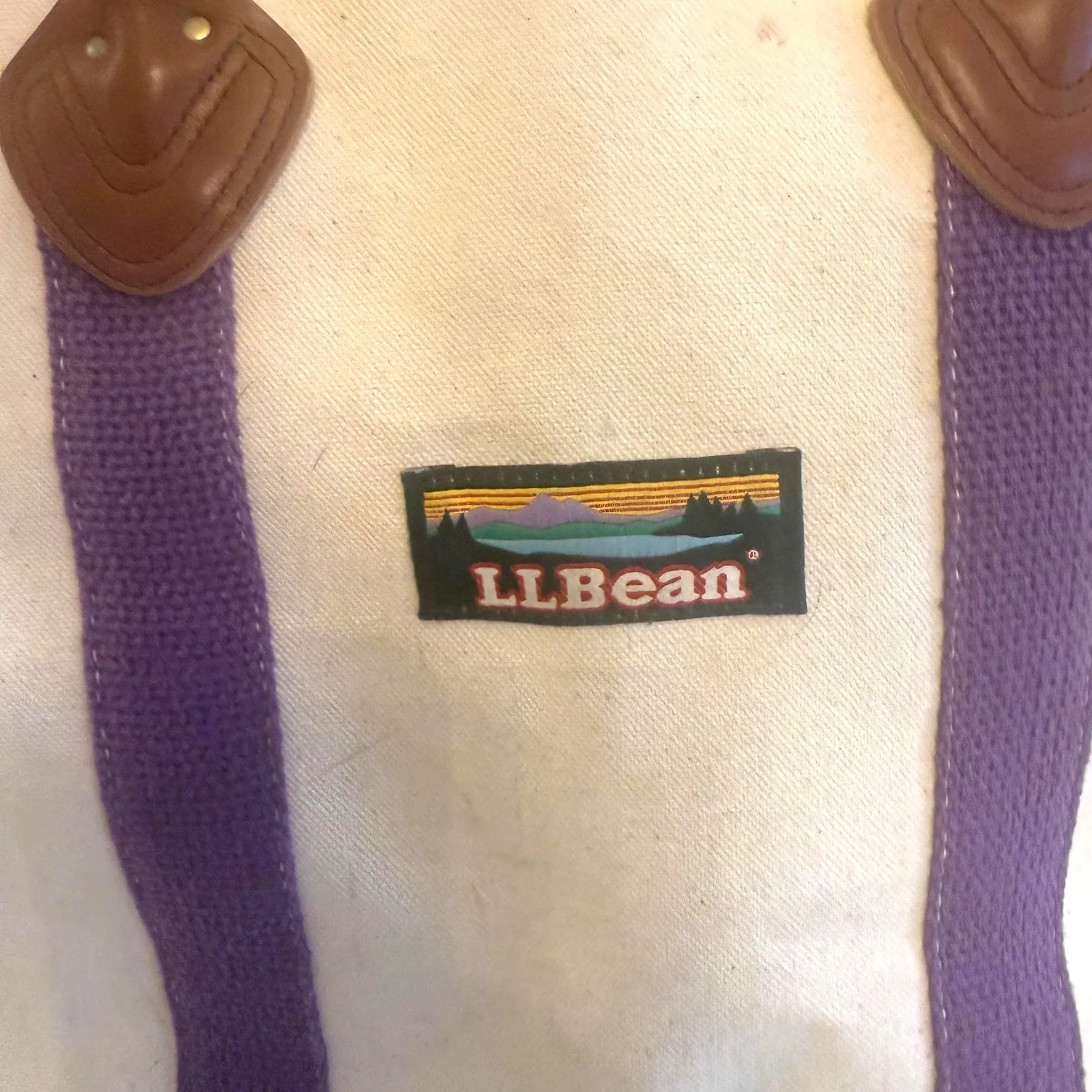 Vintage 80's LL Bean Factory Store Boat & Tote Leather Handle Bag Striped Purple - Image 5