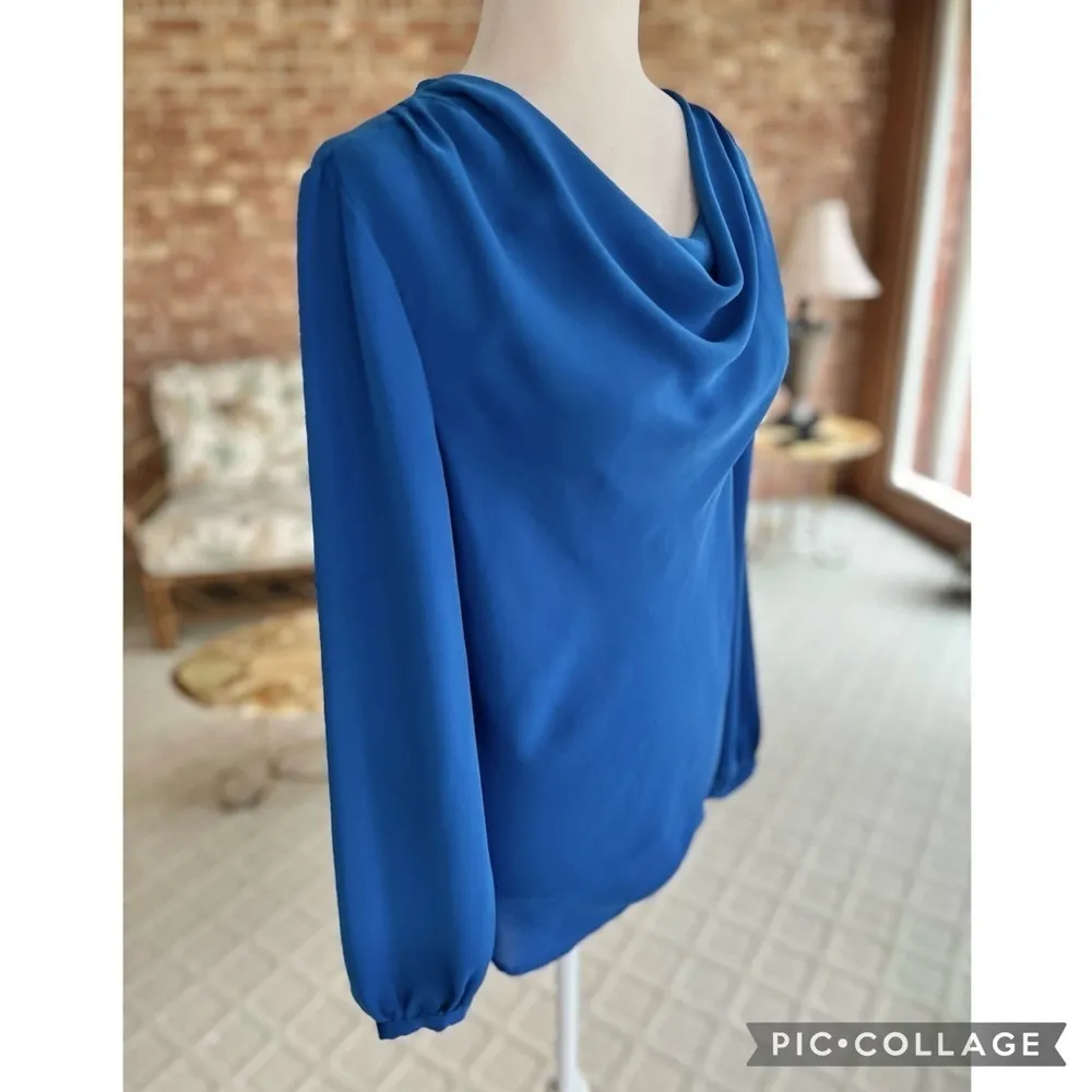 Lands’ End Top Draped Neck Royal Chiffon Blue Blouse 8 Cocktail Party Work Chic - Image 6