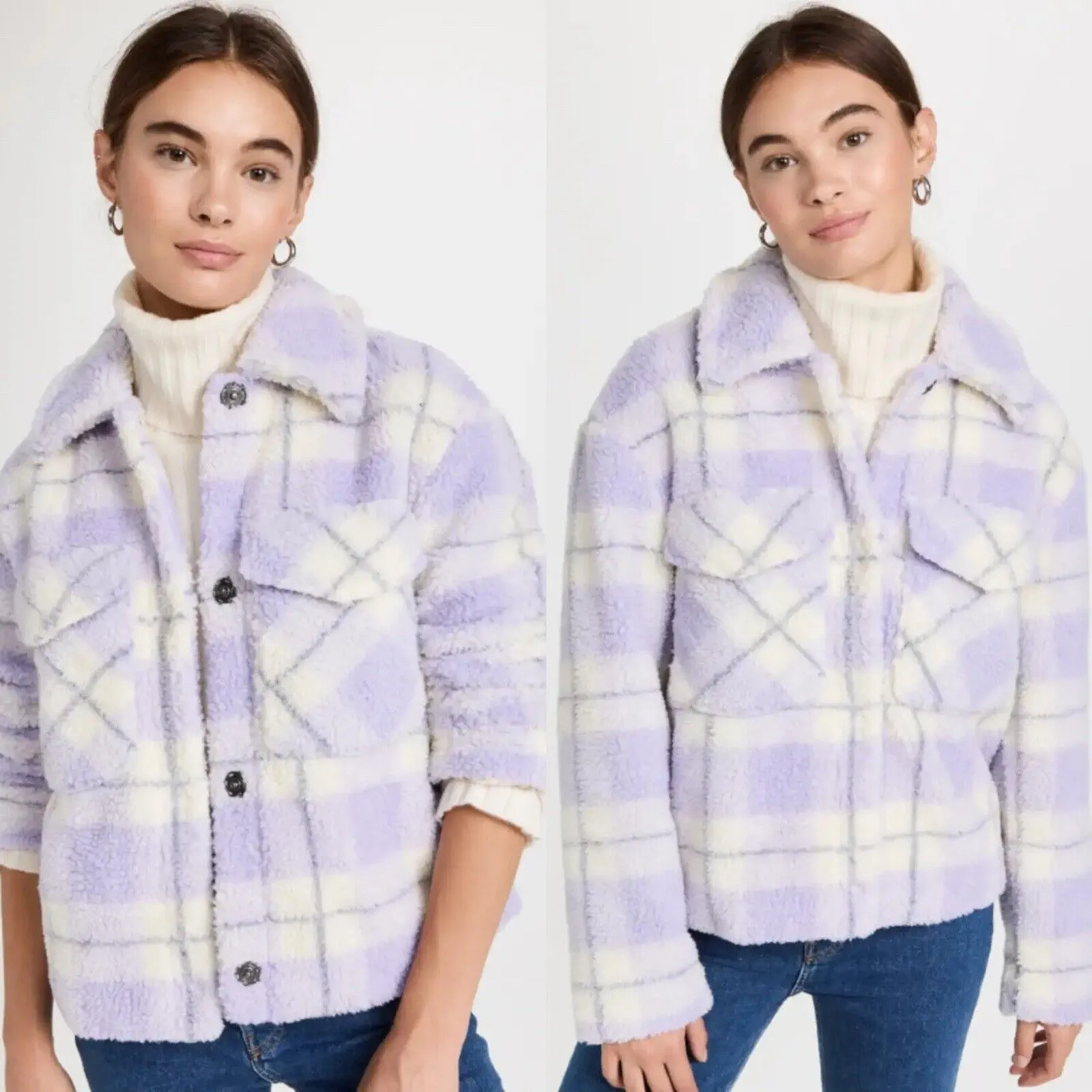 7 For All Mankind Lilac Plaid Sherpa Jacket - Image 11