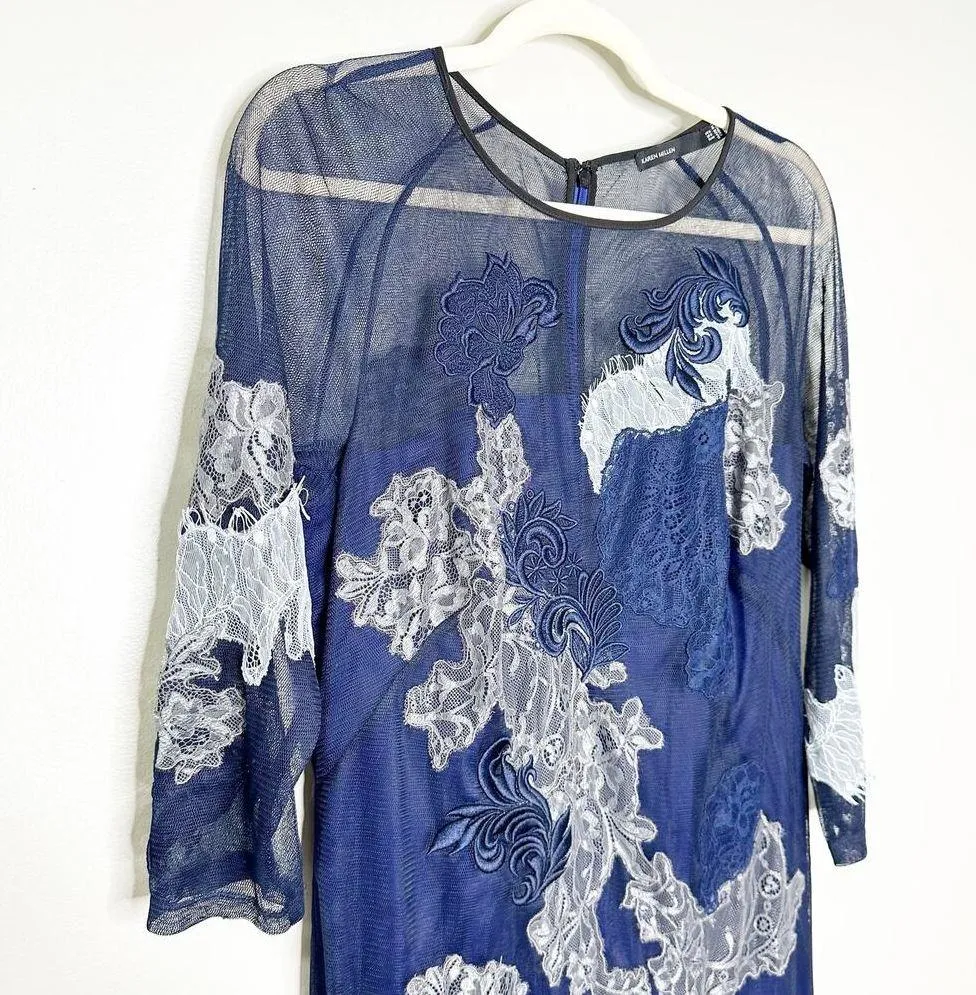 Karen Millen Womens Sheath Dress Lace Embroidered Illusion Detail Navy Size 12 - Image 6