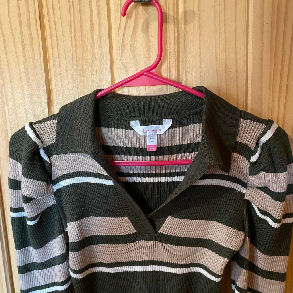 No Boundaries V-Neck Sweater - Olive and Beige Stripes - Image 2