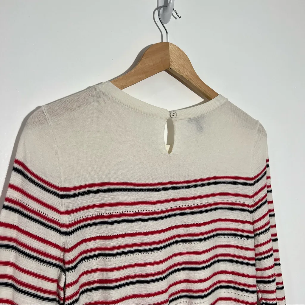 Talbots Pointelle Pull-on Sweater 3/4 Sleeve Ivory w Red Blue Stripes Medium‎ - Image 6