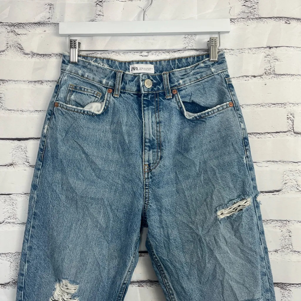 ZARA Mom Boyfriend Jeans High Rise Distressed Blue Women’s 26 Casual Denim Y2K - Image 5